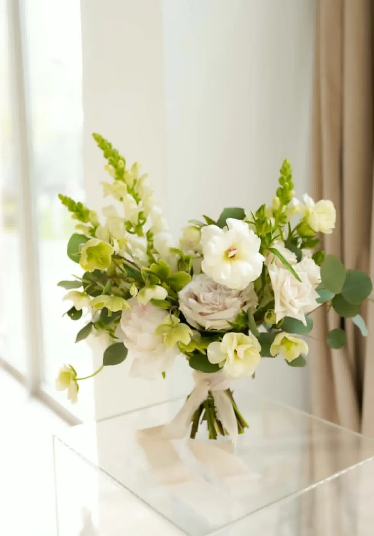 Elegant bouquet of white roses, cream flowers, and green foliage in a clear glass vase on a white surface near a window