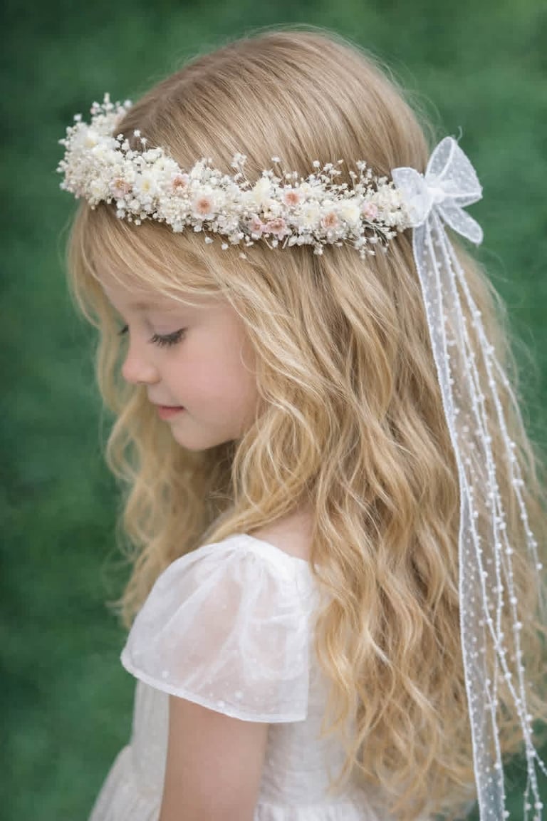 Young girl with blonde wavy hair wearing a white floral crown and veil against a green background